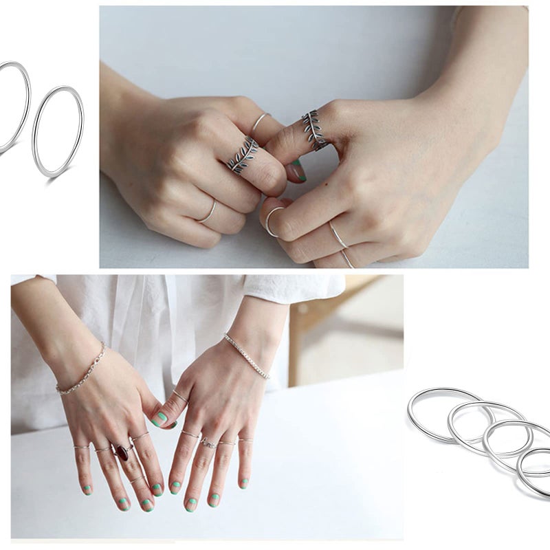 CANDYFANCY 925 Sterling Silver 1.2mm Stacked Midi Thin Rings for Women Knuckle Ring Band Stacking Ring Set Size 2.5-8.5 (Silver 8 Pcs) - Image 3
